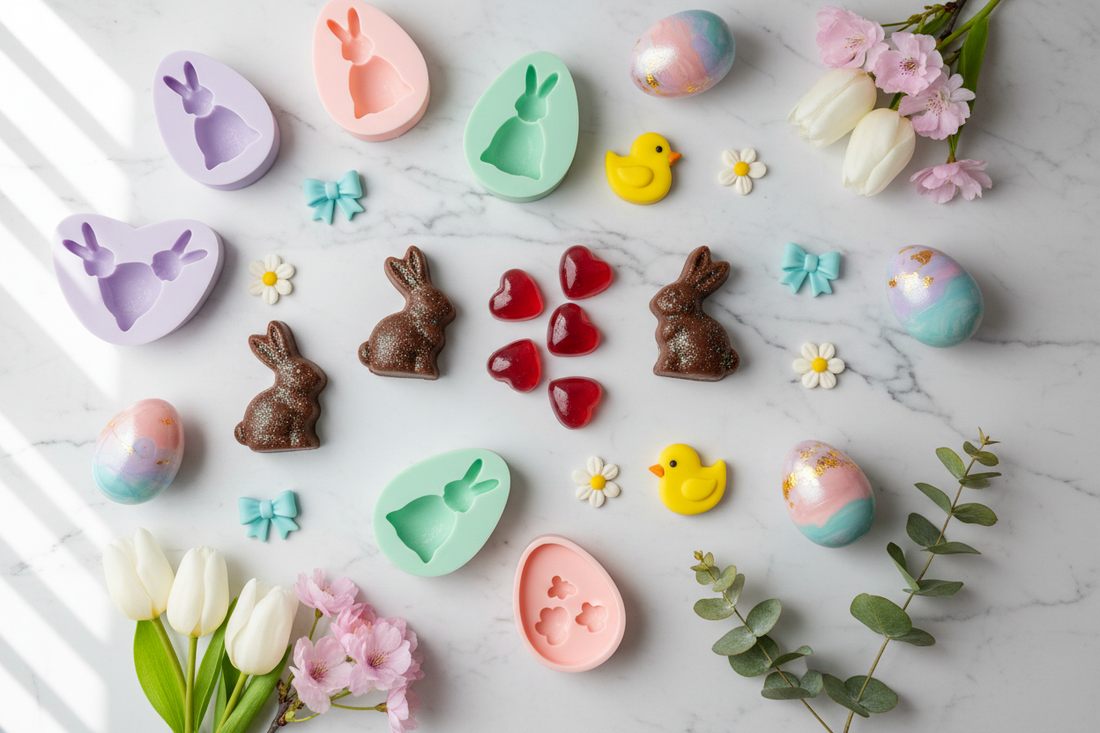 Easter treats made with silicone molds including chocolate bunnies heart jellies and resin decorations