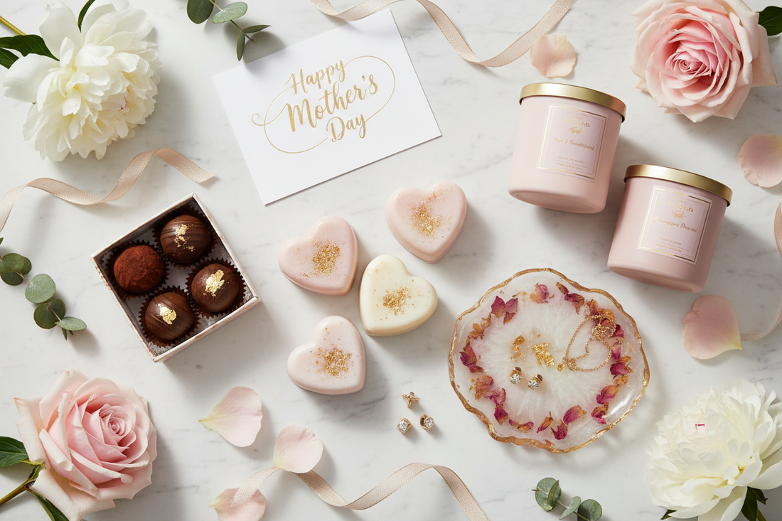 Handmade Mother's Day gifts made with silicone molds including soaps chocolate truffles candles and resin jewelry dish