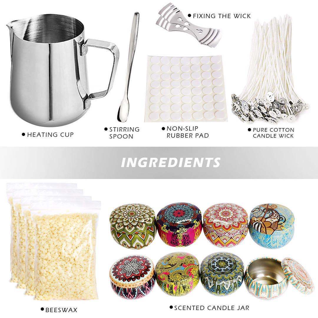 Collection of candle-making supplies including a heating cup, stirring spoon, rubber pad, wick, cotton wax, and scented candle jars.