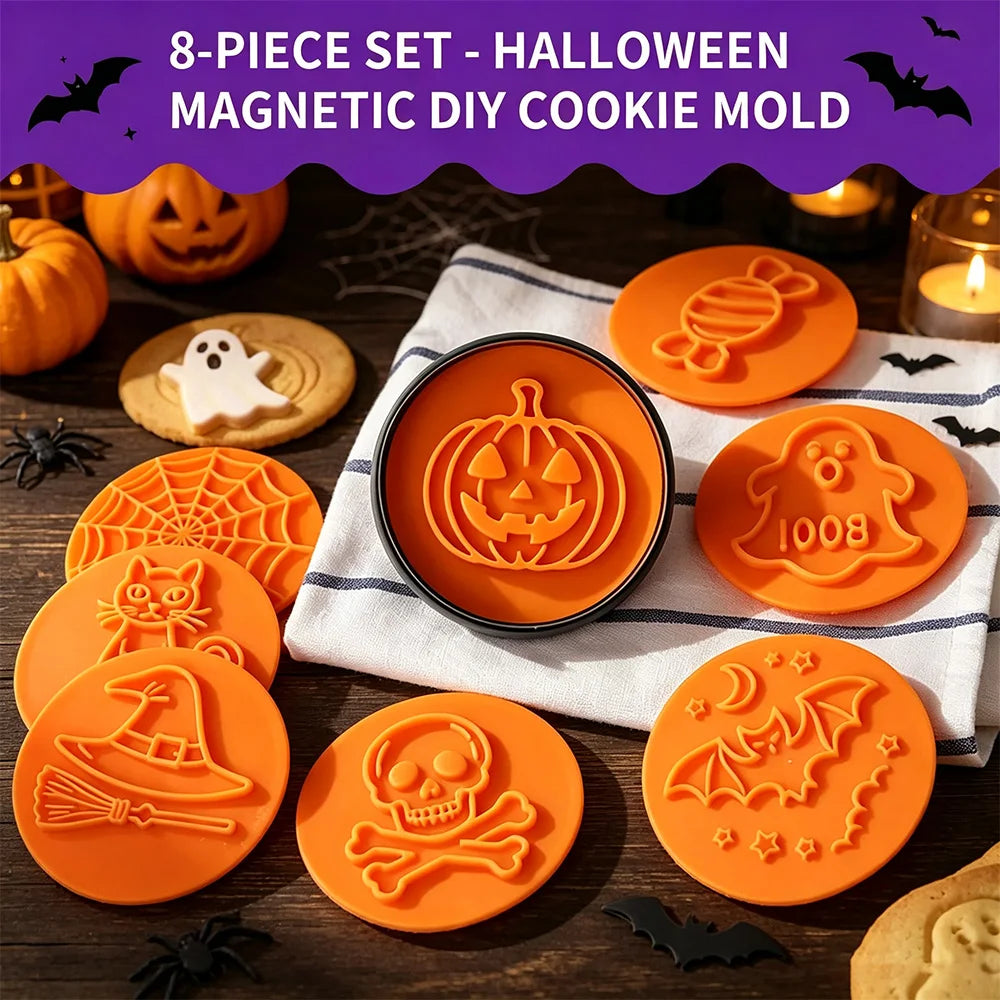 8-Piece Halloween Cookie Cutter & Stamp Set – Magnetic DIY Baking Mold