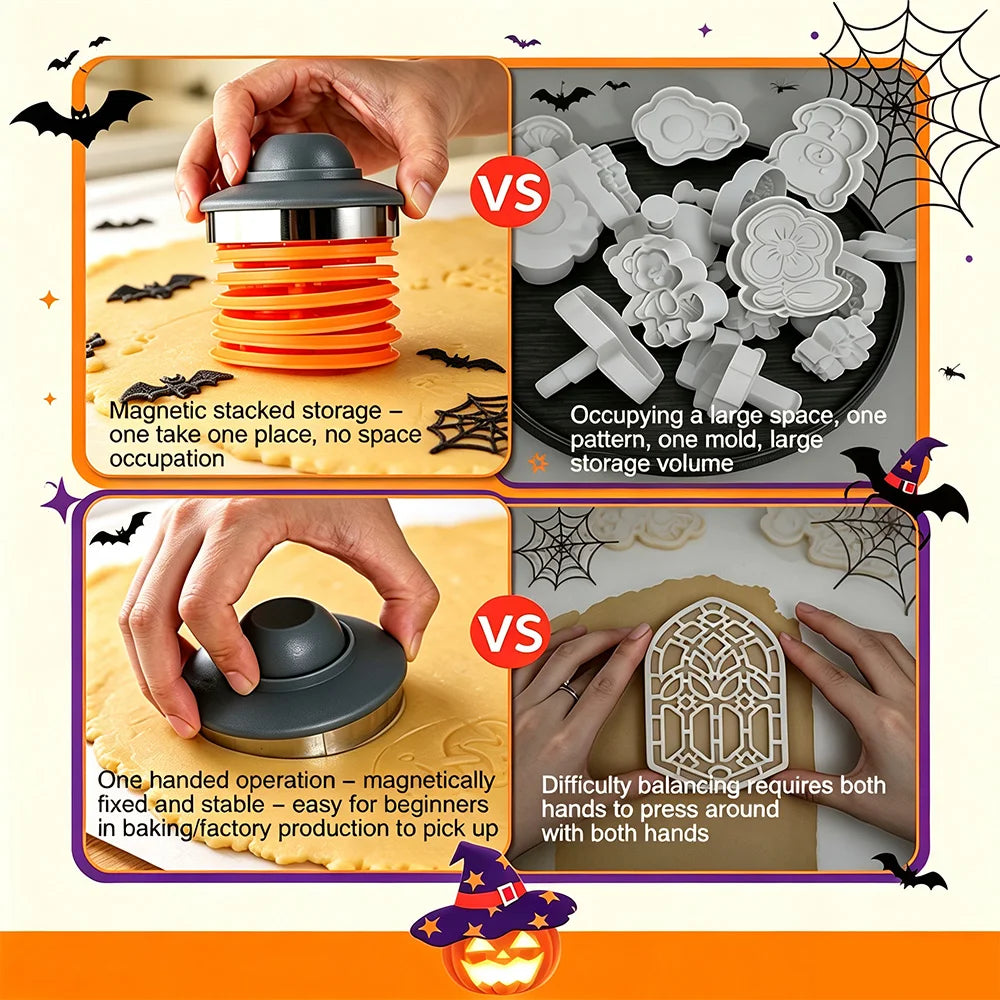 8-Piece Halloween Cookie Cutter & Stamp Set – Magnetic DIY Baking Mold