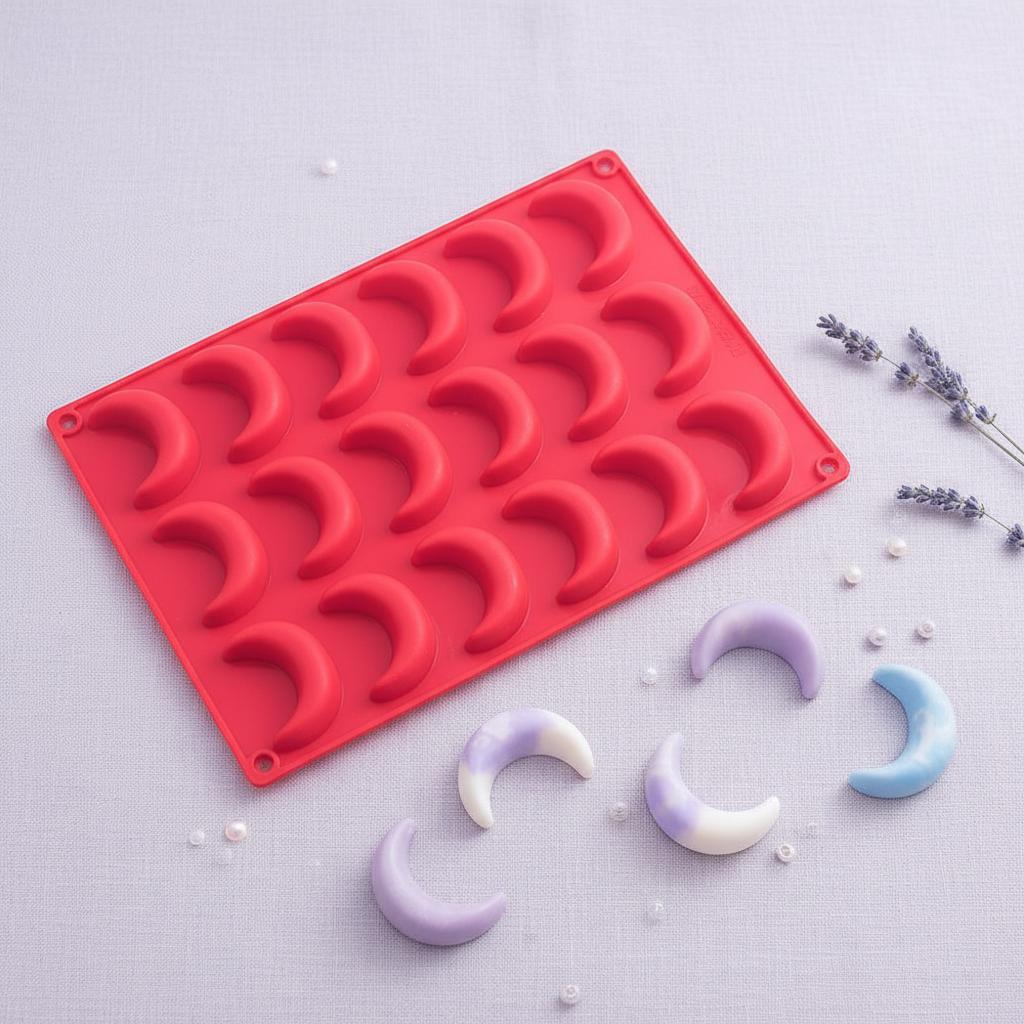 Crescent moon silicone mold with pastel purple moon soaps on lavender linen