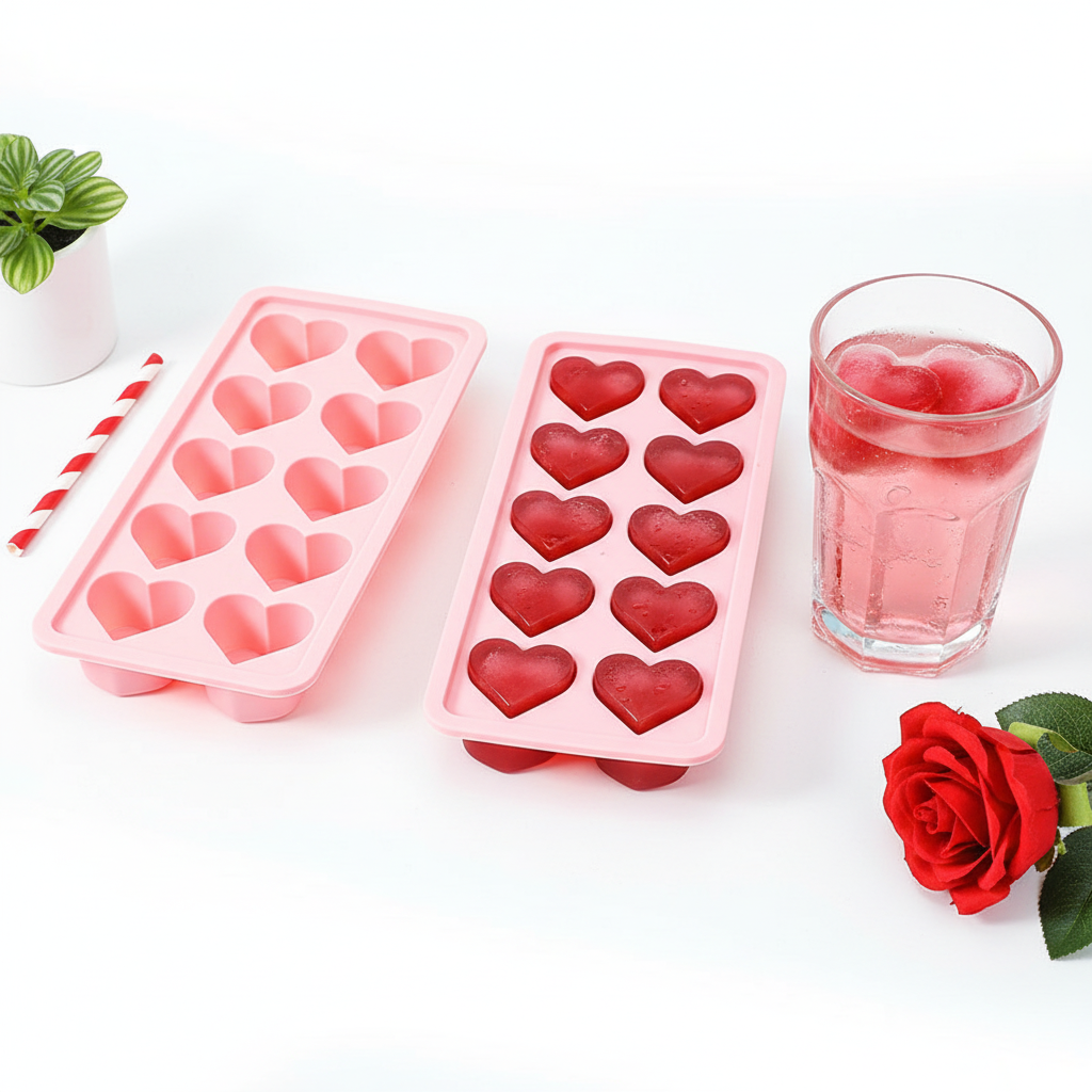 Heart silicone ice cube mold with glistening heart ice cubes in pink lemonade