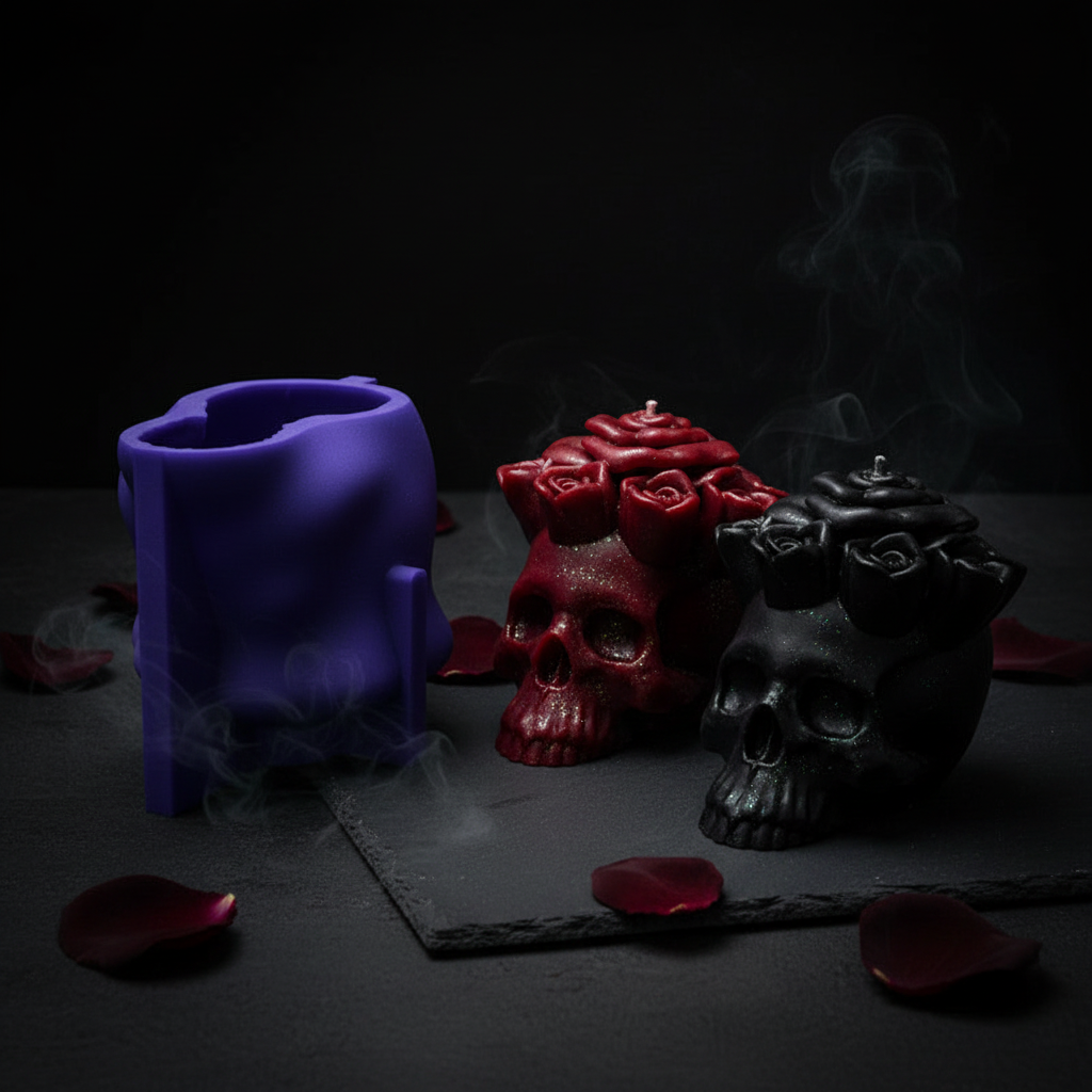 Rose skull silicone mold with gothic red and black soaps on dark surface
