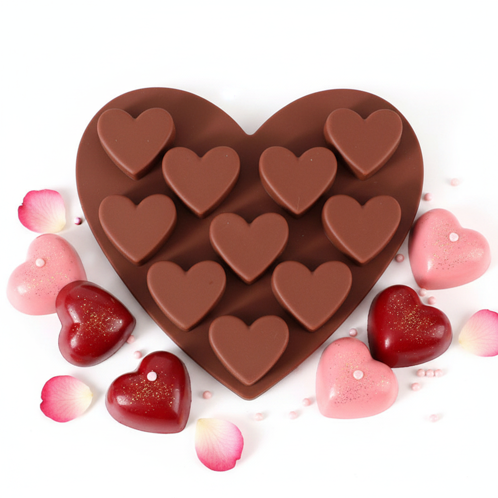 Heart silicone jelly and chocolate mold with red and pink heart chocolates on white background