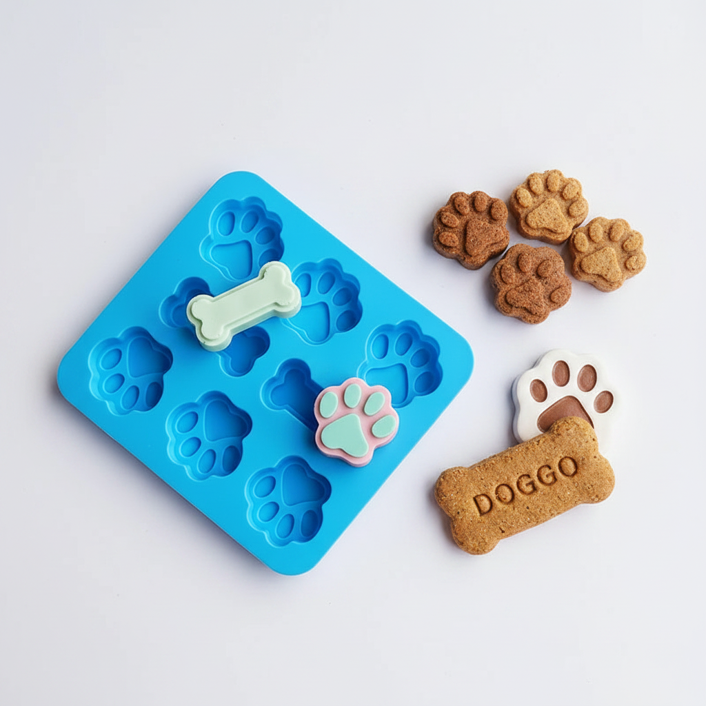 Dog treat silicone mold with paw and bone shaped treats on warm background