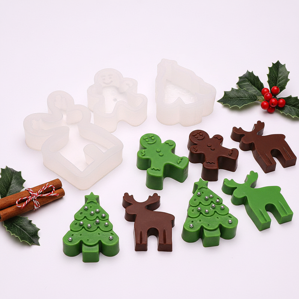 Holiday silicone mold with gingerbread man Christmas tree and reindeer chocolates