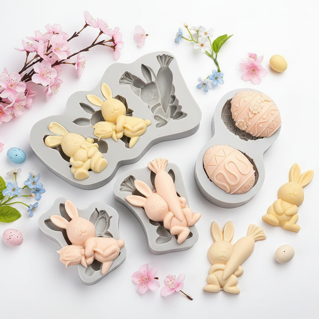 3D Easter bunny silicone mold with pastel bunny chocolates and spring flowers