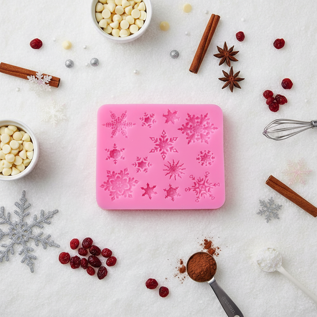 Pink snowflake mold flat lay